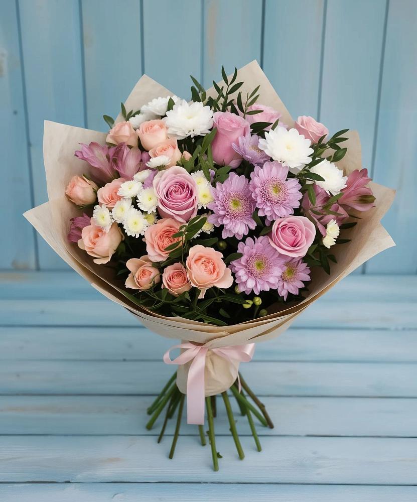 Букет цветов из: Хризантемы, Розы и Альстромерии в Залужном