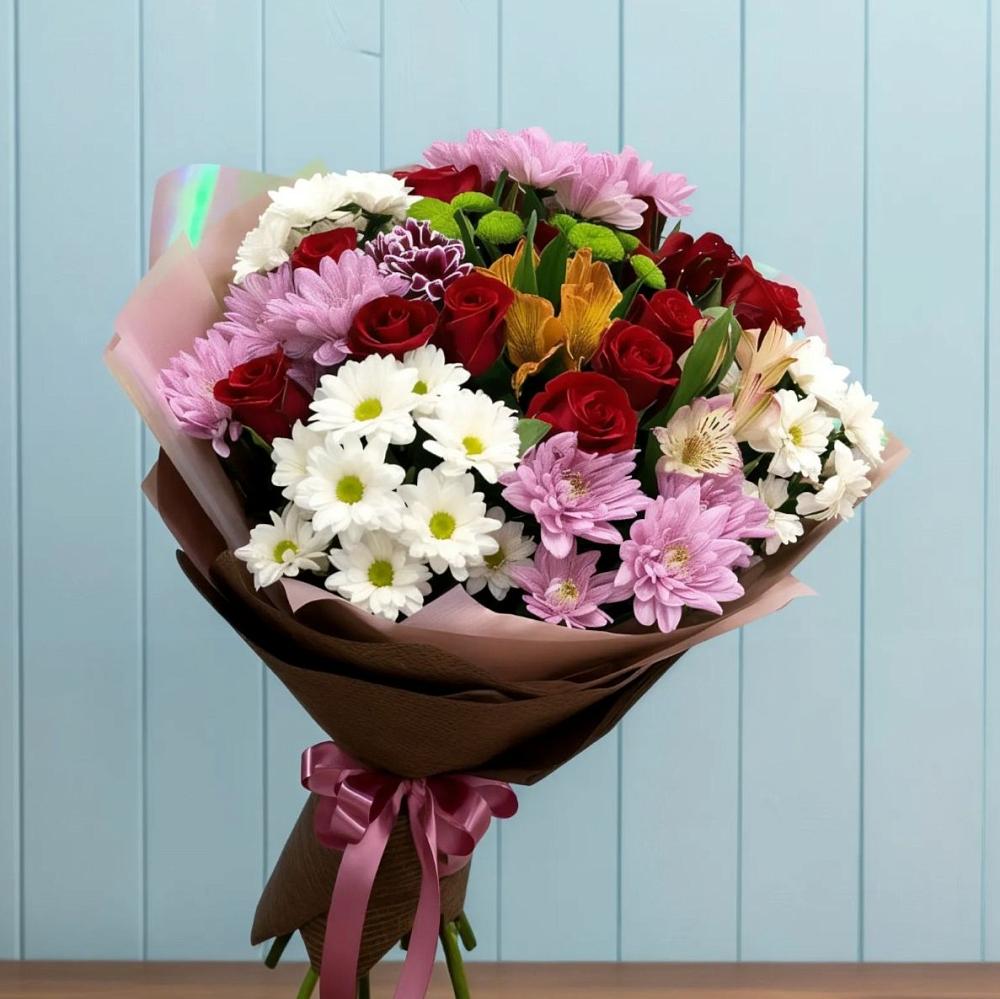 Букет цветов из: Розы, Хризантемы и Альстромерии в Залужном