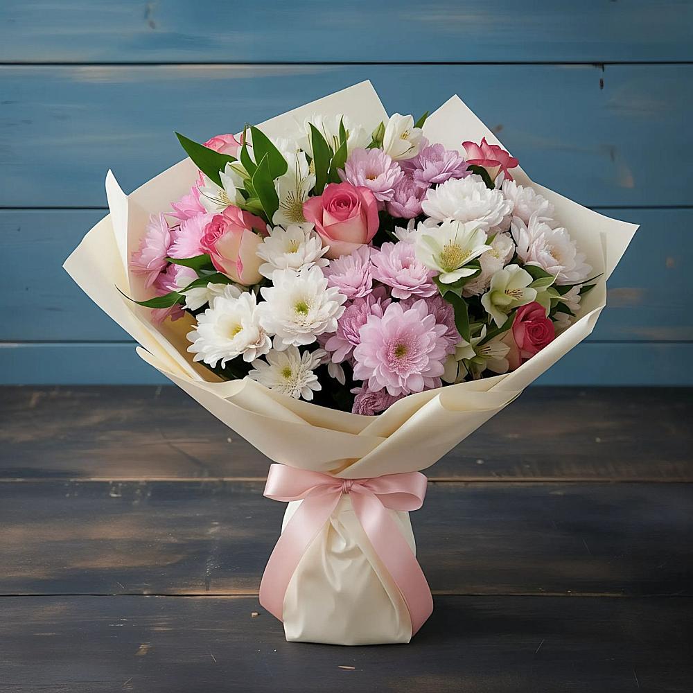 Букет цветов из: Хризантемы, Альстромерии и Розы в Залужном